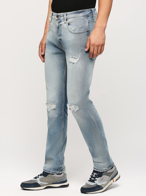 Pepe Jeans Light Indigo Blue Cotton Straight Fit Distressed Jeans