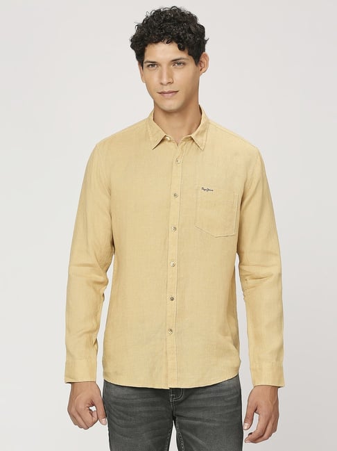 Pepe Jeans Khaki Linen Regular Fit Texture Shirt