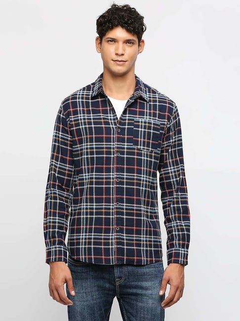 Pepe Jeans Navy Cotton Regular Fit Checks Shirt