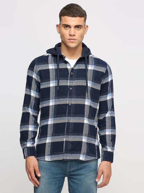 Pepe Jeans Navy Cotton Regular Fit Checks Shirt