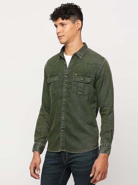 Pepe Jeans Olive Cotton Regular Fit Shirt