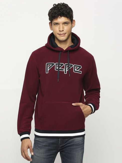 Pepe Jeans Burgundy Red Regular Fit Logo Printed Hooded Sweatshirt-picture-38