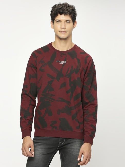 Pepe Jeans Burgundy Red Cotton Regular Fit Printed Sweatshirt