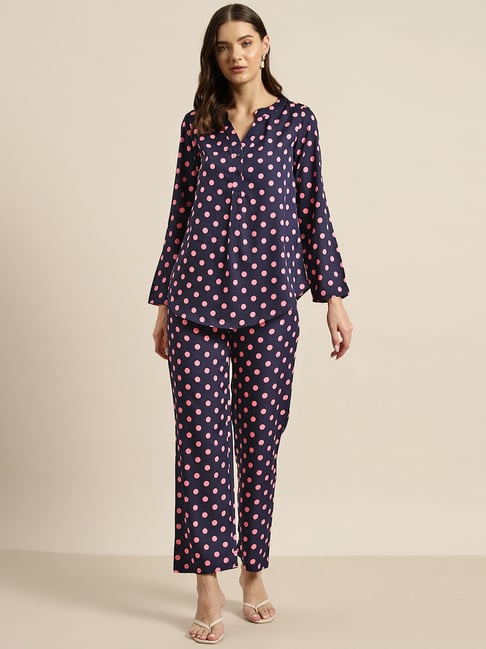 Qurvii Navy Printed Top With Pants
