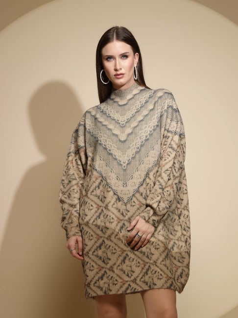 Global Republic Beige Acrylic Embellished Sweater Dress