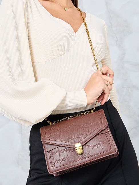 Styli Brown PU Textured Sling Handbag-picture-26