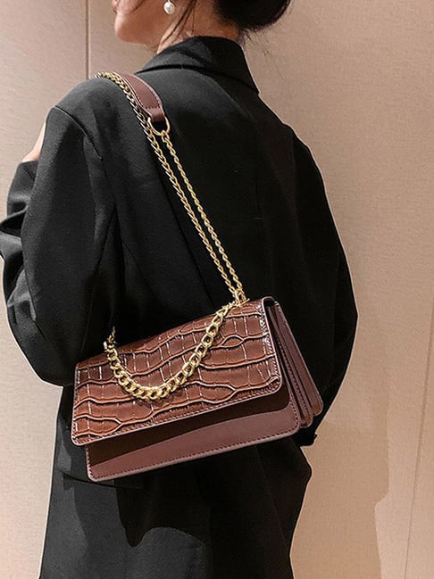 Styli Brown PU Textured Sling Handbag-picture-25