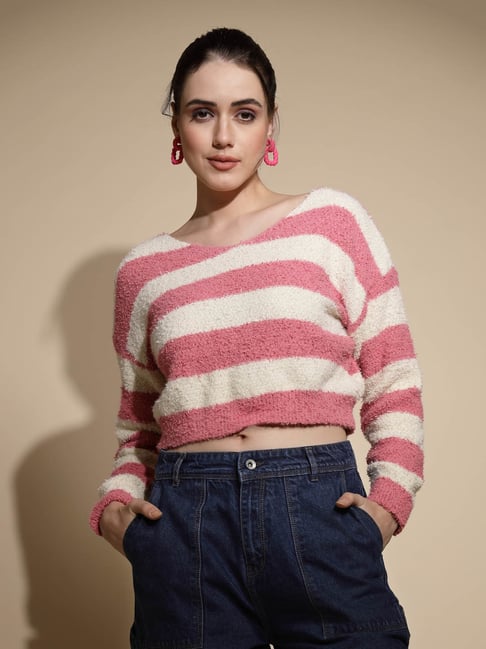 Global Republic Peach & White Acrylic Striped Pullover-picture-31