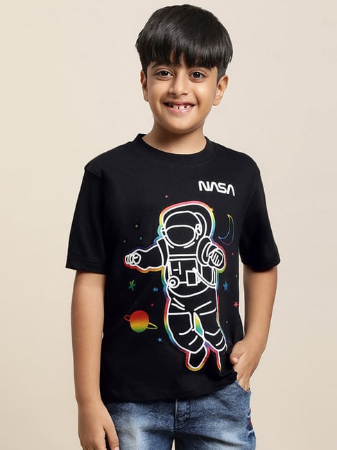 Kidsville Nasa Printed Black T-Shirt For Boys