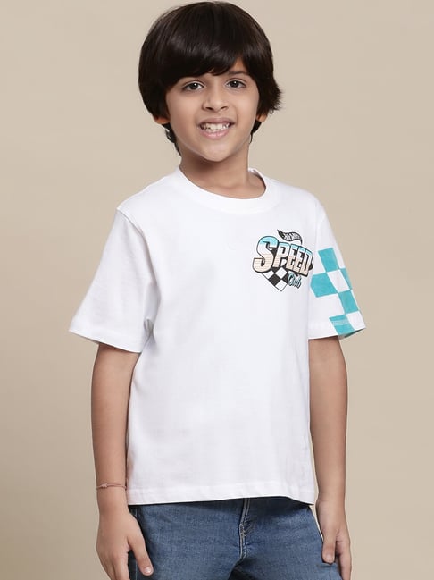 Kidsville Hot Wheels Printed White T-Shirt For Boys