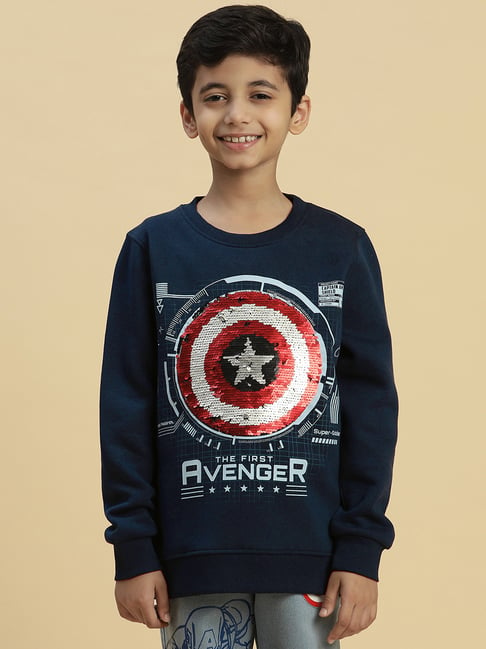 Kidsville Captain America Embellished Navy Sweatshirt For Boys