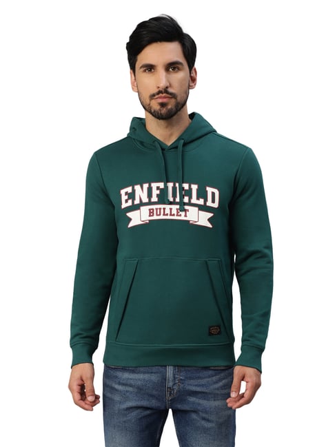Royal Enfield Dark Green Regular Fit Printed Hooded Sweatshirt