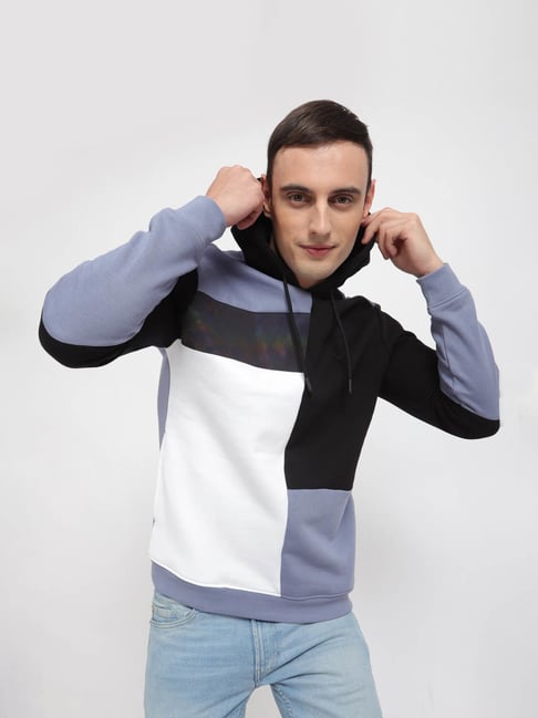 Allen Solly Blue Cotton Regular Fit Colour Block Hooded Sweatshirt
