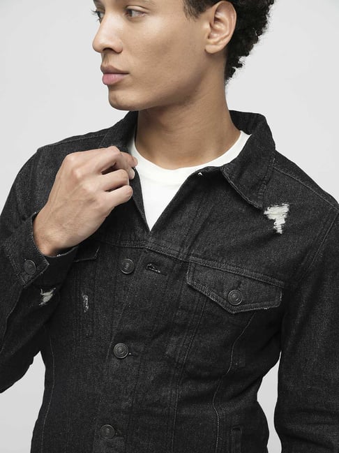 Black denim fashion jacket distressed