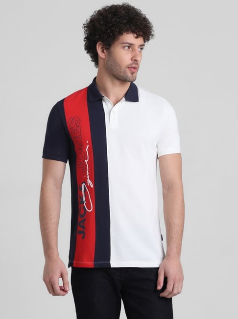 Buy Jack Jones White Cotton Slim Fit Printed Polo T Shirt for