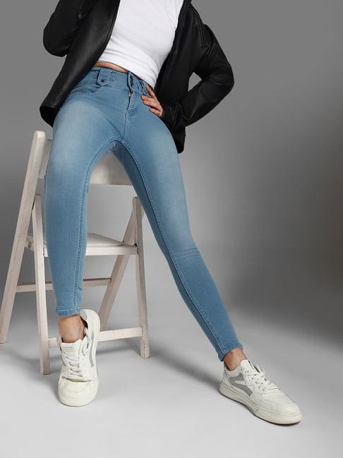 High Star Blue Cotton Straight Fit High Rise Jeans