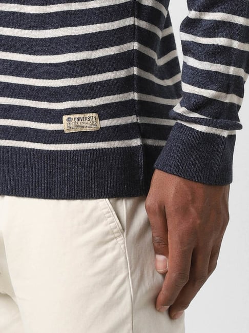 Peter England University Navy Linen Regular Fit Striped Sweater