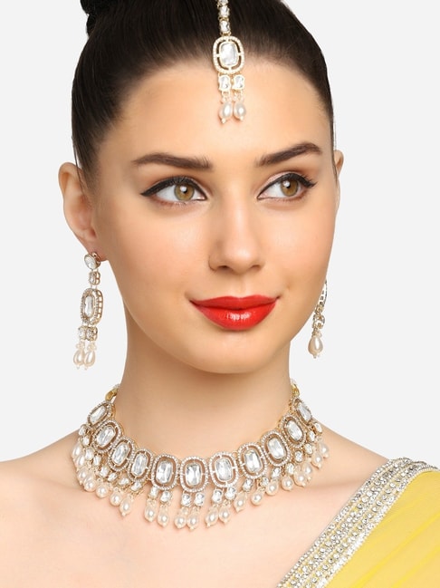 Kundan Polki Bridal Set with Choker, Long Necklace, Nath, Earrings, an –  Zevar