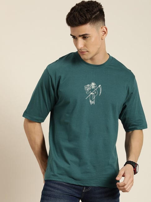 Difference of Opinion Warm Green Cotton Loose Fit Printed T-Shirt