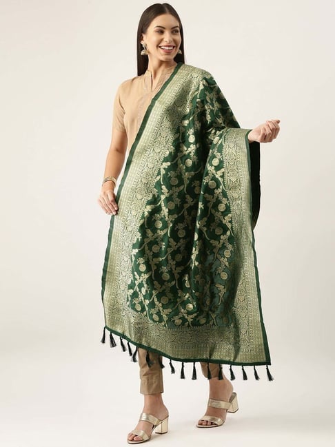 Silk Land Green Woven Pattern Dupatta-image-39