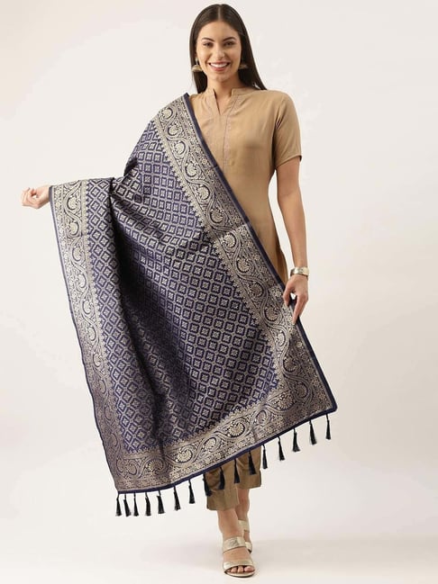 Silk Land Navy Woven Pattern Dupatta-image-40