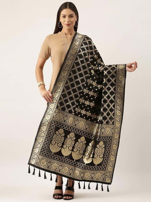 Silk Land Black Woven Pattern Dupatta-image-7