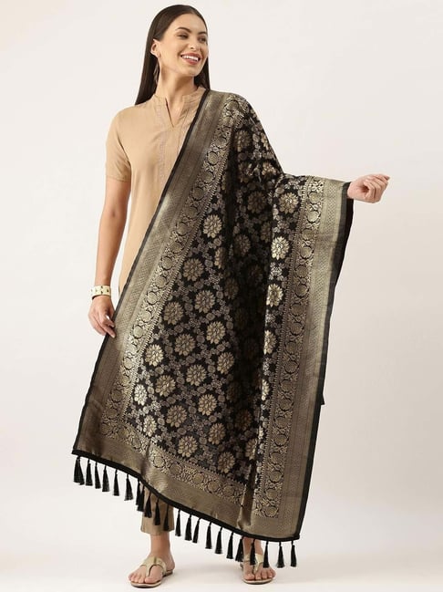 Silk Land Black Woven Pattern Dupatta-image-48