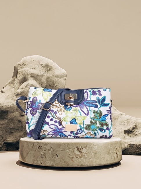 Buy Caprese Wren Blue Faux Leather Embroidered Sling Handbag