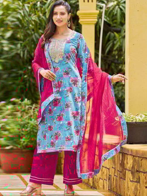 Skylee Sky Blue Pink Floral Print Kurta Palazzo Set With Dupatta