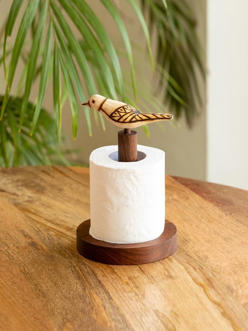 ExclusiveLane 'Bird Collection' Brown Elegant Sheesham Wooden Tissue Roll  Holder for Bathroom, Kitchen | Tissue Roll Dispenser for Bathroom, Table 