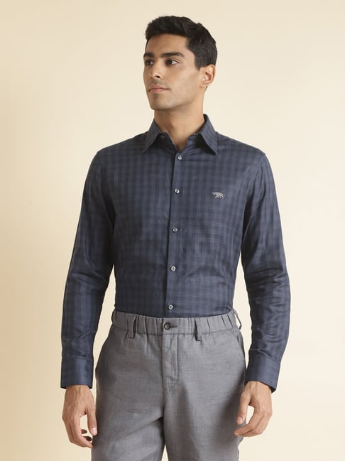 ANDAMEN Navy Regular Fit Check Shirt-picture-14