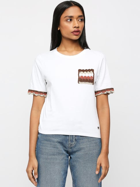 Pepe Jeans White Cotton Embroidered T-Shirt