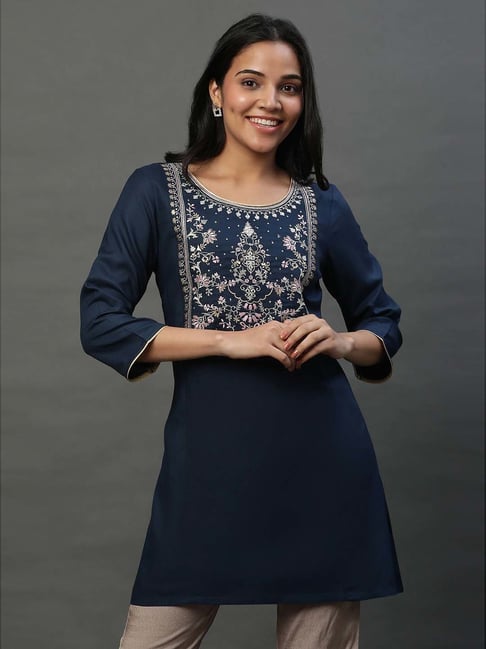 Buy Aurelia Blue Embroidered A Line Short Kurti for Women Online Tata CLiQ