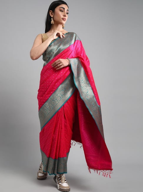 Hot Pink And Grey Sequins Work Designer Saree -