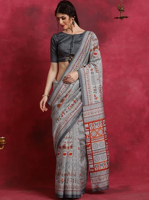 Buy CHARUKRITI Grey Cotton Soft Saree with Unstitched Blouse online