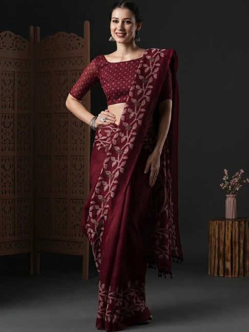 Maroon Satin Saree With Contrast Banarasi Silk Blouse (Maroon Saree With  Red Blouse Piece)