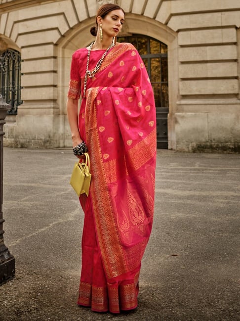 Saree Mall Pink Silk Woven Saree With Unstitched Blouse