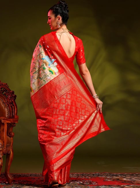 Saree Mall Red Embellished Saree With Unstitched Blouse