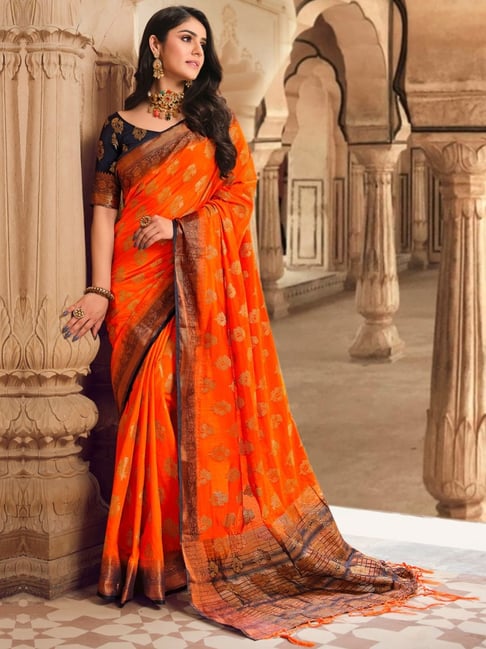 Orange Saree Contrast Blouse Designs 2022/Orange Saree Matching Blouse/Orange  Color Best Combination - YouTube
