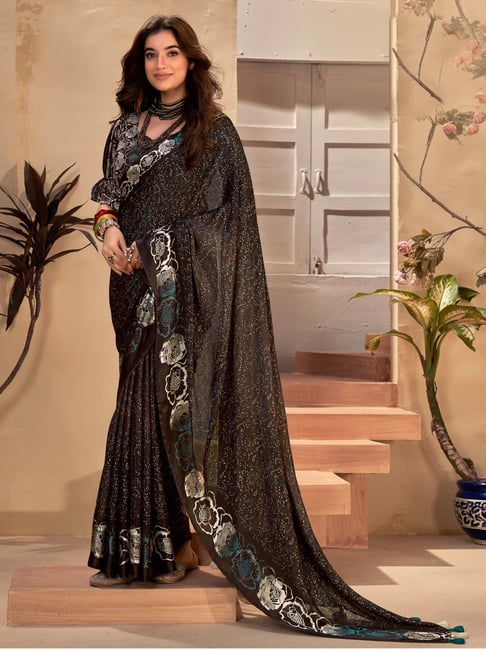 White Roses On Black Organza Saree – Picchika