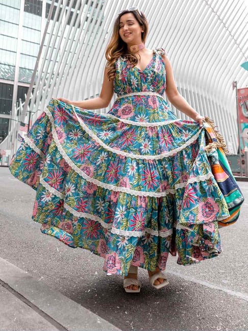 Green & Pink Floral Embroidered Ethnic A-Line Maxi Ethnic #Dress 👌Trending  dresses 2023 ✌️ | Indian party wear dresses, Maxi dress cotton, A line maxi  dress