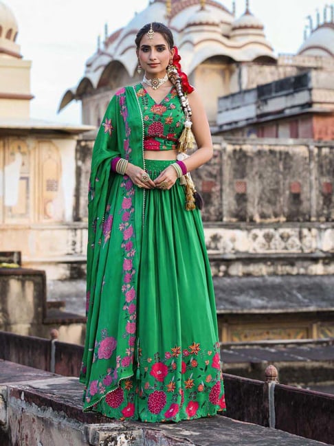 SCAKHI Green Printed Lehenga Choli Set With Dupatta