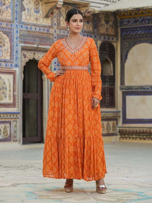 Buy SCAKHI Orange Printed Maxi Dress With Belt for Women Online