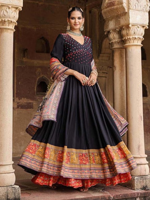 Buy Black Party Wear Dola Silk Gown With Dupatta | Gowns