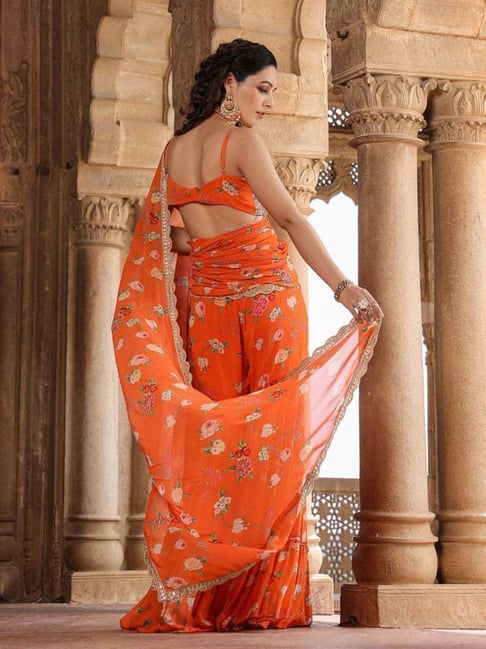 Buy Monjolika Fashion Red And Orange Color Silk Embroidered Saree With  Un-stitched Blouse online
