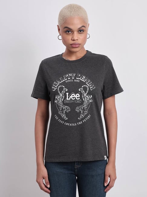 Lee Dark Grey Cotton Graphic Print T-Shirt