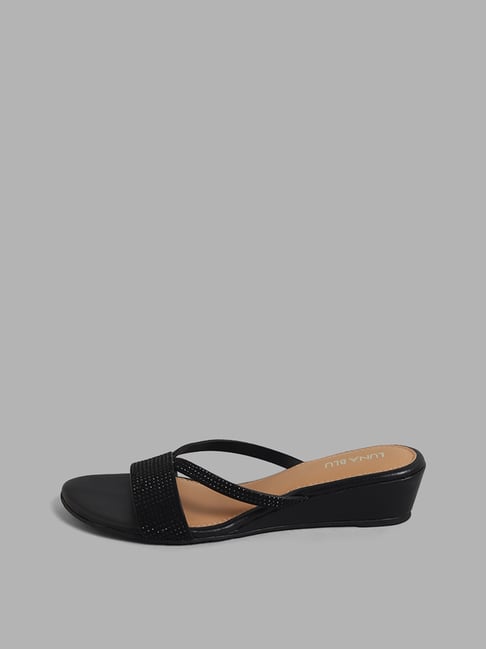 HAMPTON HIGH HEEL WEDGE SANDALS BLACK LEATHER - Jo Mercer