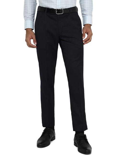 Metal Navy Blue Slim Fit Texture Trousers-picture-31