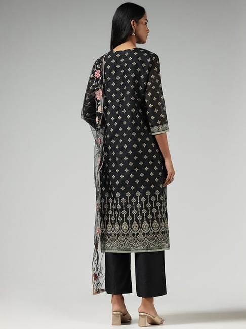 Vark by Westside Black Printed Kurta Palazzos Dupatta Set