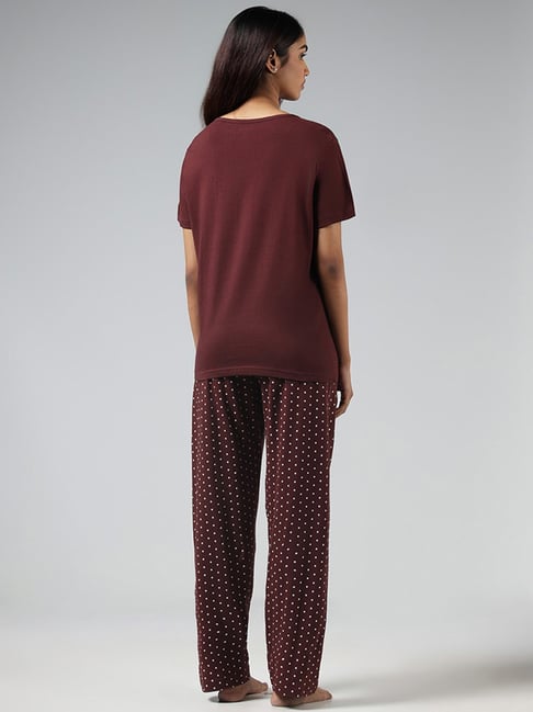 Wunderlove by Westside Brown Printed T-Shirt and Polka Dot Pyjama Set